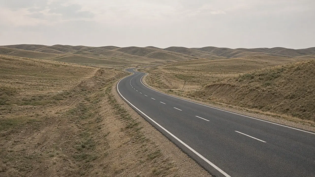 Açık arazide yol koridoru ve uzaktaki ölçüm sehpası